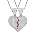 Collier couple coeur brisé magnétique en argent avec zircons pavés et détails rouges - (Style 6) Cœur Brisé Argent + 60cm Chaîne Corde