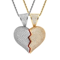 Collier à pendentif cœur hip hop avec micro-pavé de zircone et moitiés magnétiques - (Style 6) Argent-Cœur Divisé Argent à Gauche Or à Droite + 60cm Chaîne Corde
