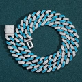 Blue enamel and cubic zirconia cuban link necklace with iced out box clasp 12mm - 7inch (Bracelet Length Approx 18cm) / Blue White - Silver (12mm Wide)