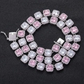Pink and white 10mm square zircon hip hop choker necklace with iced out crystals - Length 18cm / 10mm Width / Pink White