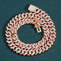 Pink enamel Cuban link chain necklace with sparkling crystals and a gold-plated clasp - 7inch (Bracelet Length Approx 18cm) / Pink White - Gold (12mm Wide)