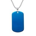 Detailed view of rectangular blue matte military tag pendant with silver bead chain link - Blue