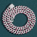Hip hop 12mm Cuban link chain featuring pink enamel and paved sparkling zircon stones - 7inch (Bracelet Length Approx 18cm) / Pink White - Silver (12mm Wide)