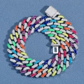 12mm rainbow Cuban chain necklace with colorful enamel and sparkling zircons - Multicolor - Silver (12mm Wide)