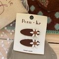 Lot de deux barrettes vintage avec broderies de marguerites blanches sur fond brun - Fleur Ovale Café