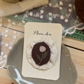 Detail showing handmade floral embroidery brooch with lace trim on a paper display card - Embroidered Floral Style / Brown Floral Lace Hair Clip