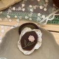 Detail of handmade fabric floral hair scrunchie with pink embroidery and white lace trim - Embroidered Floral Style / Brown Floral Lace Hair Tie