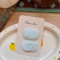 Soft mint blue plush hair clips set on a decorative plate for girls and children - Blue