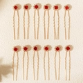 Elegant set of 12 gold U-shaped hair pins with sparkling red floral crystal rhinestones - Gold Red Crystal Sunflower Style (HS-J3841GHRED)
