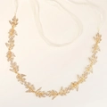 Exquisiter goldener Brautgürtel mit Strass-Blättern und cremefarbenen Seidenbändern - Gold