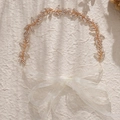Exquisite gold alloy leaf bridal headband with sparkling rhinestones and white ribbon ties - Gold