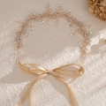 Bandeau de mariée doré avec strass marquise et perles blanches sur ruban champagne - Or (HS-J6347G)