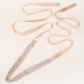 Elegant champagne satin bridal belt with intricate rhinestone leaf embroidery - Pink