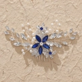 Pettine per capelli da sposa argento con strass blu scuro e perle bianche per cerimonie - Stile Grappolo di Fiori Blu (HS-J5667B) / Argento Blu Strass (HS-J5667B)