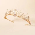 Close-up of handmade golden bridal headband with crystals, pearls and floral leaves - Silver (TS-J2810)