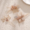 Handmade rose gold bridal hair comb and hairpin set with pink crystal flowers and pearls - Rose Gold Floral Rhinestone Set (HS-J6360)