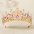 Close-up of golden bridal crown with pink waterdrop gemstones and white crystals - Gold Base Purple Rhinestone