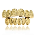 Iced out gold hip hop grillz set with textured finish for top and bottom teeth decoration - Style 3 / Set / Gold