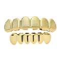 Gold-plated hip hop grillz set featuring checkered texture top and smooth bottom teeth - Classic / Set / Gold