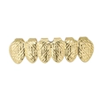 Detail van vergulde zes-tands grillz met gegraveerde kruistextuur in hiphopstijl - Onder / Goud