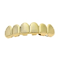 Hip hop gold teeth grillz with 6-tooth row design and embossed grid texture patterns - Classic / Upper / Gold