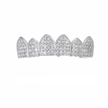 Close-up of silver-plated hip-hop grillz with pavé-set zircon crystals on six pointed teeth - Tops / Silver