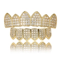 Hip hop gold plated grillz set with micro paved zircon stones on white background - Top And Bottom / Gold