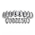 Detailed view of polished silver hip hop grillz set with 8 top and 8 bottom teeth - Style 1 / Set / Silver