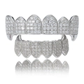 Hip hop silver vampire fangs grillz set with micro paved cubic zirconia stones - Full Teeth Set / Silver Set