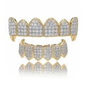 Hip hop gold grillz set with micro paved cubic zirconia and vampire fangs design - Full Teeth Set / Gold Set