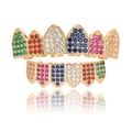 Hip hop colorful zircon vampire grillz set with shiny multi-color stones in gold plating - Top And Bottom / Gold Multicolor Zirconia