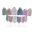 Macro shot of silver-plated hip-hop grillz set with colorful cubic zirconia stones - Top And Bottom / Silver/Rainbow Zirconia