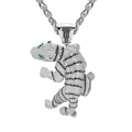 Collana con ciondolo a forma di tigre 3D con zirconi scintillanti e occhi di agata verde hip hop - Argento