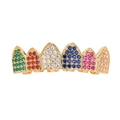 Hip hop six-tooth grillz with colorful micro-pave zircons and gold plated finish - Tops / Gold Multicolor Zirconia