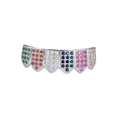 Hip hop grillz with silver finish and vertical rows of colorful micro-pave zircons - Bottoms / Silver/Rainbow Zirconia