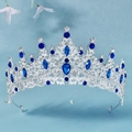 Luxurious silver bridal tiara with baroque patterns and deep blue teardrop rhinestones - Silver Base with Deep Blue Stones