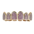 Χιπ χοπ grillz 6 δοντιών, χρυσό με ροζ και μωβ πέτρες ζιργκόν, εντυπωσιακό στυλ - Τριανταφυλλί Πάνω Δόντια