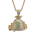 Hip-Hop-Geldbeutel-Anhänger Halskette mit grünem Dollarzeichen und Zirkonia-Besatz - Gold + 60cm Edelstahl Seilkette