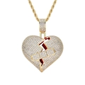 Collana hip hop con ciondolo a cuore spezzato dorato, zirconi e catena a corda spessa - Oro + Catena a Corda in Acciaio Inossidabile