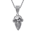Hiphop silver skull pendant necklace with headphones and white zircon micro-inlay - Stainless Steel Rope Chain / Silver