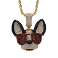 Vista detallada del colgante de chihuahua hip-hop con gafas rojas y circonitas micro-pave - Gafas de Color Rojo Granate Dorado con Cadena de Cuerda de 60cm