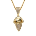 Hip hop necklace with gold skull pendant featuring headphones and sparkling zircons - Stainless Steel Rope Chain / Gold