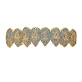 Detail von goldenem Hip-Hop-Grillz mit 8 Zähnen und blau-weißen Zirkonia-Steinen 1404 - Gold Oben