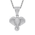 Hip-Hop Elefantenkopf-Anhänger mit 18k Silberbeschichtung und Zirkonia-Steinen an Kordelkette - Silber + 60cm Edelstahl Seilkette