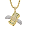Hip hop style gold dollar sign necklace with wings pendant and green micro-pave zircons - Stainless Steel Rope Chain / Gold