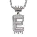 Close-up of iced out crown letter E pendant with liquid drip effect on rope chain - 3mm*60cm Stainless Steel Rope Chain / Silver E
