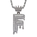 Macro detail of silver hip hop letter F pendant with crown and dripping effect zircon - 3mm*60cm Stainless Steel Rope Chain / Silver F