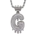 Macro shot of silver hip-hop G-letter pendant with crown and dripping zircon details - 3mm*60cm Stainless Steel Rope Chain / Silver G
