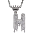 Macro detail of silver H letter pendant with full pave zircon stones and crown - 3mm*60cm Stainless Steel Rope Chain / Silver H
