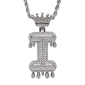 Close-up of iced out silver letter I pendant with crown and melting drip effect - 3mm*60cm Stainless Steel Rope Chain / Silver I